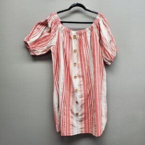 Paper Doll Dress Womens 2XL Pink Red White Striped Puff Sleeve Button Cotton